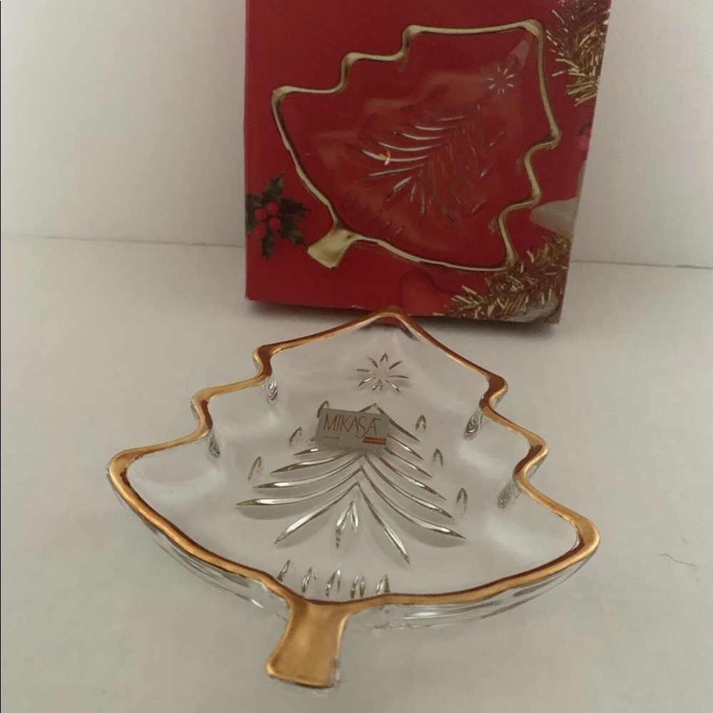Mikasa Clear Crystal Christmas Tree Trinket Candy/Nut Dish Gold trim